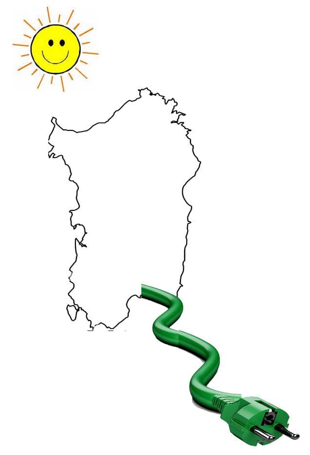 immagine della Sardegna con un cavo elettrico e un sole sopra per rappresentare la potenzialità energetica della Sardegna